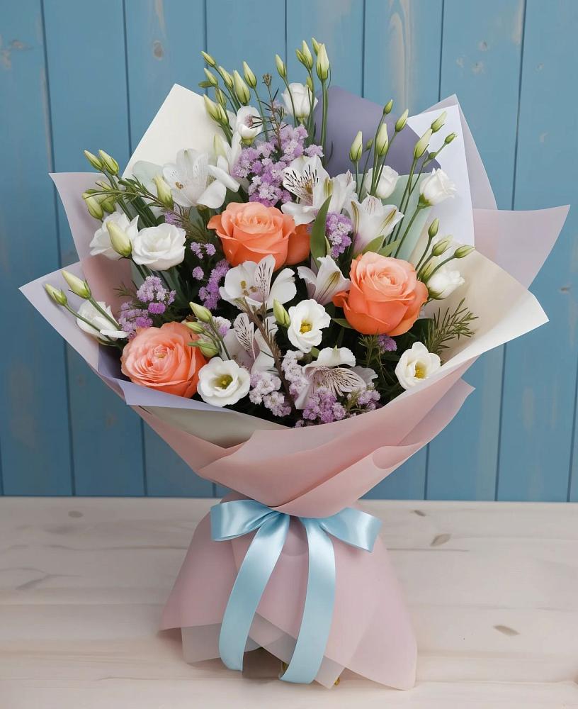 Букет цветов из: Лизиантусы, Розы, Альстромерии и Гипсофила в Поповке Воронежской области