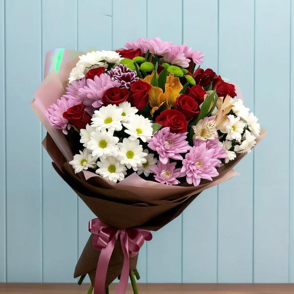 Букет цветов из: Розы, Хризантемы и Альстромерии в Поповке Воронежской области