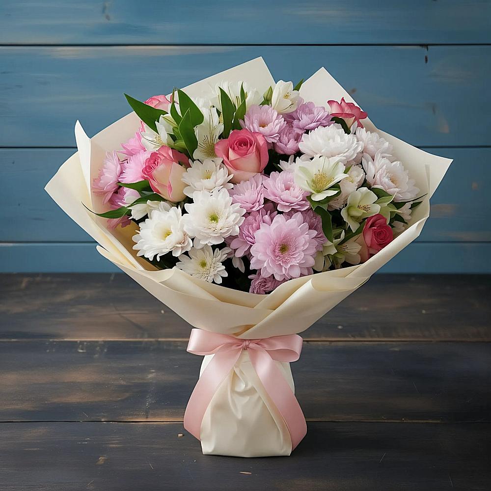 Букет цветов из: Хризантемы, Альстромерии и Розы в Поповке Воронежской области